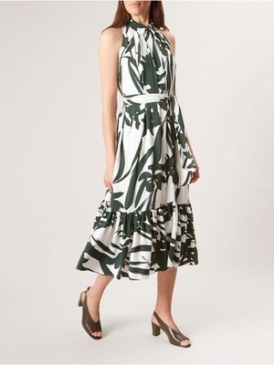 Hobbs London Tie-Neck White Midi Dress with Green Leaf Print