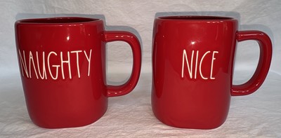 Two (2) Rae Dunn by Magenta Red NAUGHTY & NICE Coffee Tea Mugs