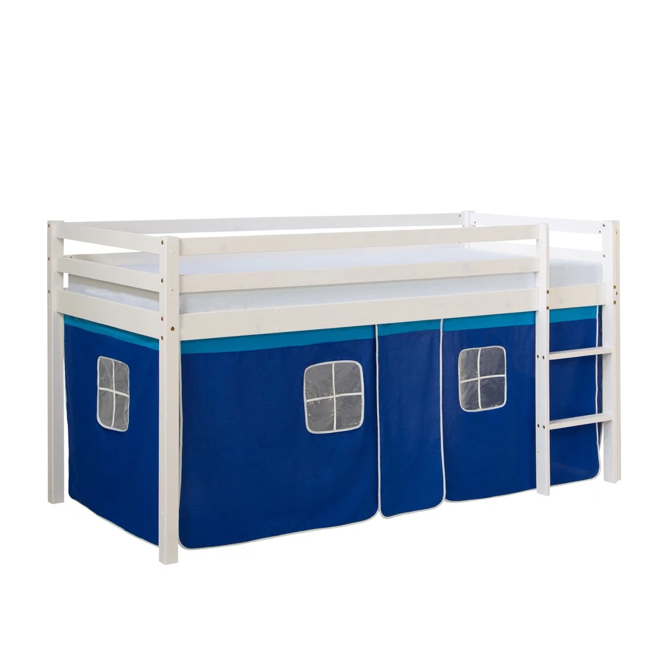 Hochbett 90x200 Kinderbett mit Lattenrost Jungen Weiß Vorhang Blau Homestyle4u - Bild 2 von 4