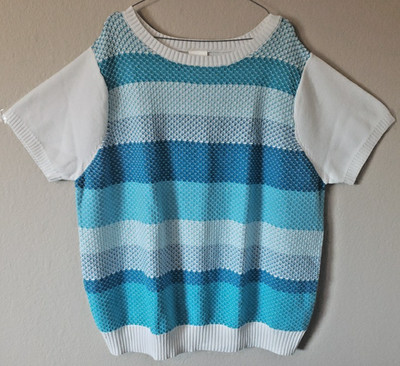 Bradford Women 2X Cool Cotton Multi-Blue White Horizontal Stripe RND Neck SS Top
