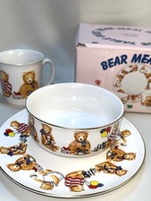 Vtg Children Kids 3 Pc Dishes Set Teddy Bears Bowl Plate Cup Japan 1987 Gold Rim