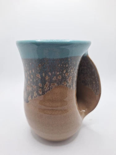 Neher Pottery Clay In Motion Right Hand Warmer Signed Coffee/Tea Mug Teal 2018