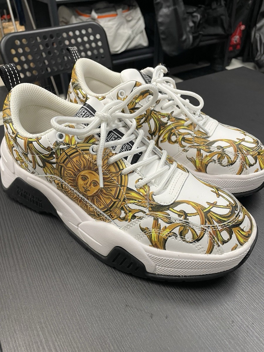 Versace Jeans Couture White Baroque Print Gold Sneakers Size 8 (eu
