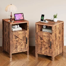 Farmhouse Nightstand Set of 2, End Table with Charging Station, Bed Side Tables