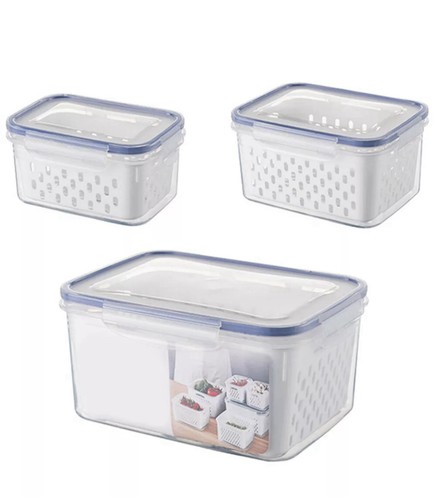 3pc Food Storage Container with Lid Produce Saver with Draining Baskets New - Picture 2 of 9
