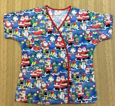 White Cross Women's CHRISTMAS Scrubs Top Shirt Uniform Santa Pockets Size M  a 