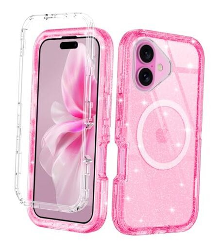 for Case Clear Magnetic [Anti-Yellowing] iPhone 16 Plus Clear Pink Glitter