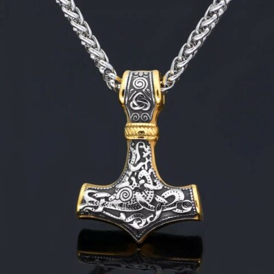 Norse Vikings Thor's Hammer Mjolnir Scandinavian Rune Amulet Necklace Stainless 