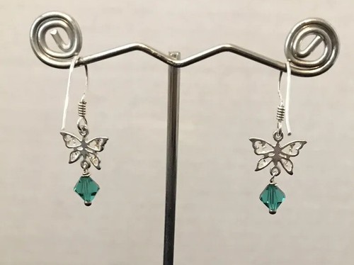 Artisan .925 Butterfly Teal Swarovski Crystal Dangle Earring - Picture 2 of 3