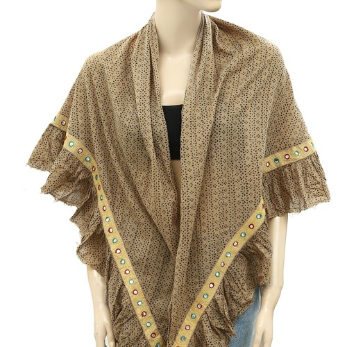 Ewa I Walla Mirror Embroidered Ruffle Wrap Triangle Scarf Printed Brown S 252609 - Picture 2 of 6