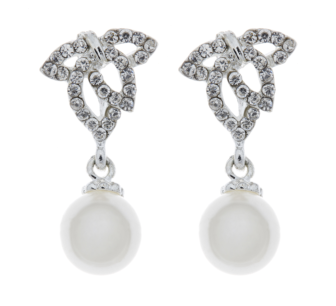 Pearl Clip On Earrings silver plated drop with clear diamante crystals - Elle