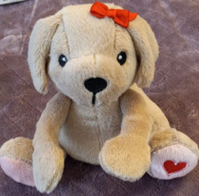 Small 6" Tan/Beige Female/Girl Puppy Dog With A Red Bow Plush Stuffed Animal