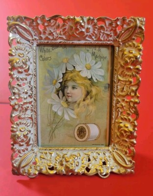 Victorian 1889 J&P Coats Best Cord Thread Trade Card Daisies Young Girl Framed 