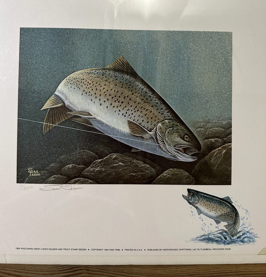 1984 WISCONSIN - State Salmon Trout Stamp Print **SAM TIMM** COLOR REMARQUE - Image 2 of 4