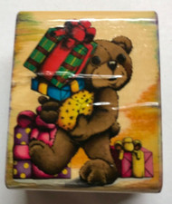 Wood/Rubber Stamp Teddy Bear with Presents
