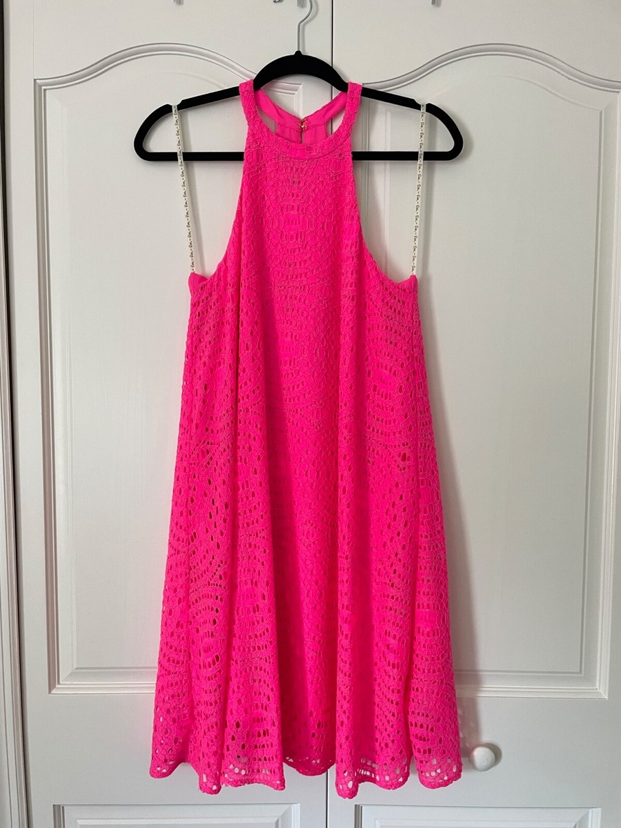 lilly pulitzer quinn halter dress Lilly Pulitzer Quinn Halter Dress Knotty Lace Hot Pink Size Medium NWT!!