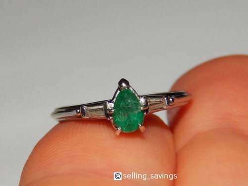 18K WHITE GOLD VINTAGE EMERALD PEAR CUT & BAGUETTE DIAMOND BAND RING SIZE 6.25 - Picture 5 of 5