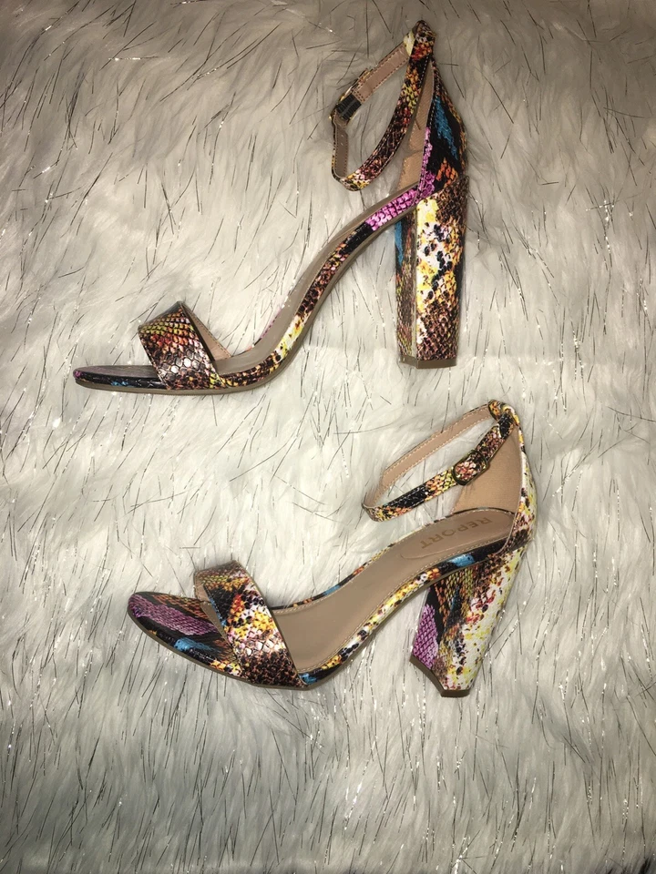 INFORME Sandalias Tacones Gruesos con Correa en el Tobillo Estampado de Serpiente Multicolor Talla 8.5 Foto 3 de 4