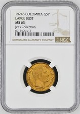 COLOMBIA, Bogot?, gold 5 pesos, 1924, mintmark B to left, NGC MS 63. Restrepo-45