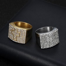 Mens Iced Out Rectangle Cross Ring Statement Ring 316 Stainless Steel Hip Hop