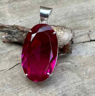 50.08 Ct+ Natural Pink Ruby Pendant 925 Solid Silver Oval Cut AG Gemstone A+