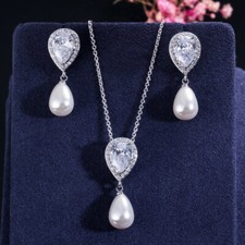 Women Dainty Silver Plated Zircon Pearl Drop Earring Necklace Bridal Jewelry Set