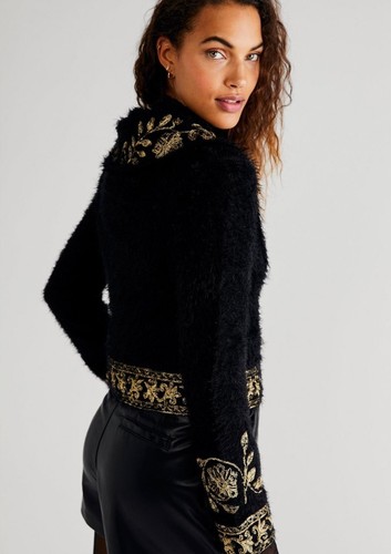 Free People Merrie Cardigan Cropped Fuzzy Black Size Large NEW RRP $268 - Picture 3 of 11