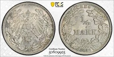 PCGS MS66 1918-D Germany-Empire J-16 Half Mark 1/2 Mk 
