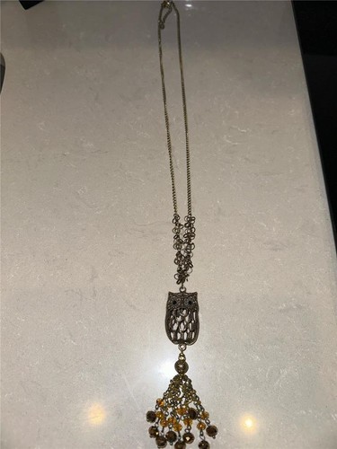 Ali Khan Antique Gold Tone Signed Boho Up to 19" Necklace Beaded Owl Pendant N2 - Picture 4 of 4