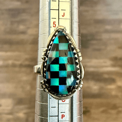 Trendy Southwest Aurora Opal And Onyx Checkerboard Sterling Silver Boho Ring 6