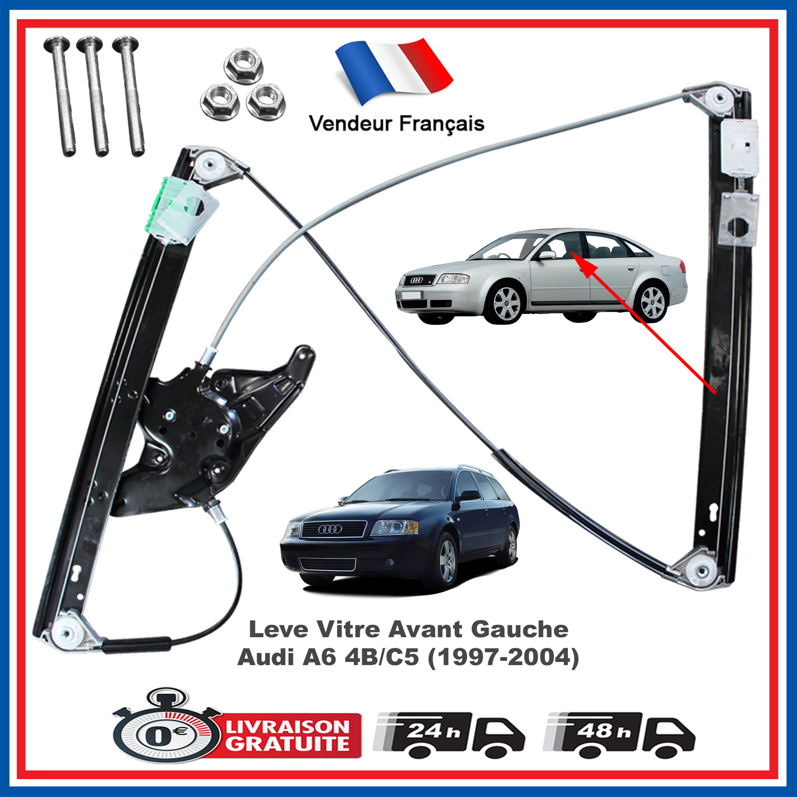 Lève-vitre conducteur pour Audi A4 1997-2005 en acier renforcé anticorrosion
