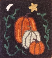 Primitive rug hooking kit, hooked, Three Pumpkins in a Row, linen, wool