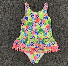 Nicole Miller Swimsuit Girls Size 12 Multicolor Tropical Fruit Pom Pom Ruffle