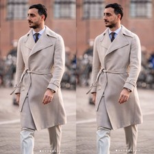 Beige Men's Overcoat with Belt Wool Formal Casual Outdoor Winter Warm Long Coat