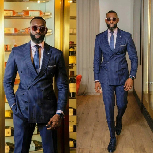 Herren Slim Fit Anzüge Klassisch Gestreift Zweireiher Hochzeit Party Bräutigam Smoking - Bild 2 von 8