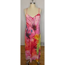 Natori Size M Watercolor Floral Satin V-Neck Slip Dress Gown Feminine Romantic