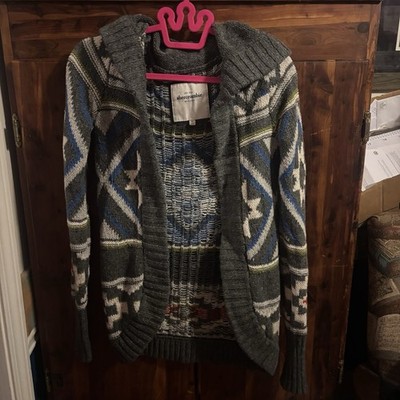 Abercrombie & Fitch Gray Blue Green Aztec Hooded Knit Cardigan