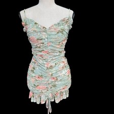 Windsor Floral Ruched Mesh Mini Dress Sage Bodycon Cottagecore Size S NWT
