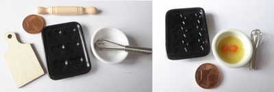 Backblech Nudelholz Schüssel Ei Schneebesen Herz Puppenstube Miniatur 1:12
