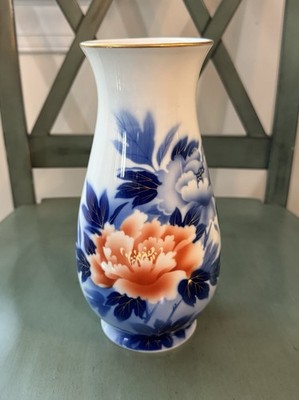 Japanese Fukagawa Arita Porcelain Vase feat Cobalt Blue Peach Peony Flowers
