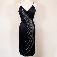 Vintage 70s Studio 54 Black Glitter Wrap Dress Disco Diva Cocktail Size Medium