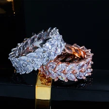 Silver Plated Olive Marquise Leaf Women Big Engagement Cubic Zirconia Round Ring