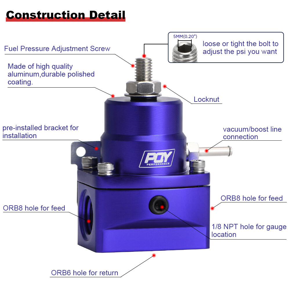 PQY Fuel Pressure Regulator with Gauge AN8 Feed AN6 Return Line AN8 End