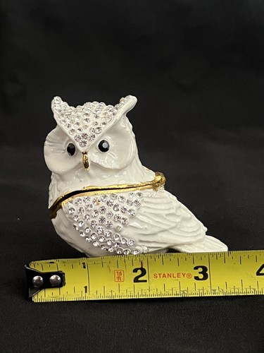 Scatola portagioie gufo corna bianca strass ornata coperchio magnetico bordo oro - Foto 10 di 14