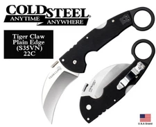 Cold Steel 3" Folding Knife Tiger Claw S35VN Steel Black G10 Handle 22C