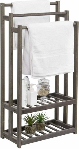 3-Tier Vintage Gray Wood Towel Rack w/ 2 Bottom Storage Shelves, Blanket Holder - Picture 3 of 6
