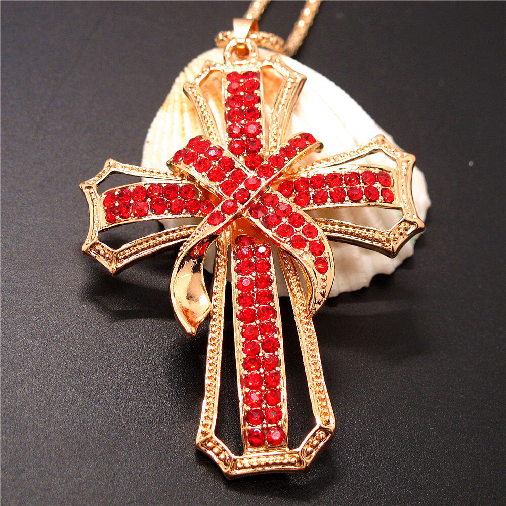 Fashion Red Rhinestone Cross Bling Crystal Pendant Necklace For Women