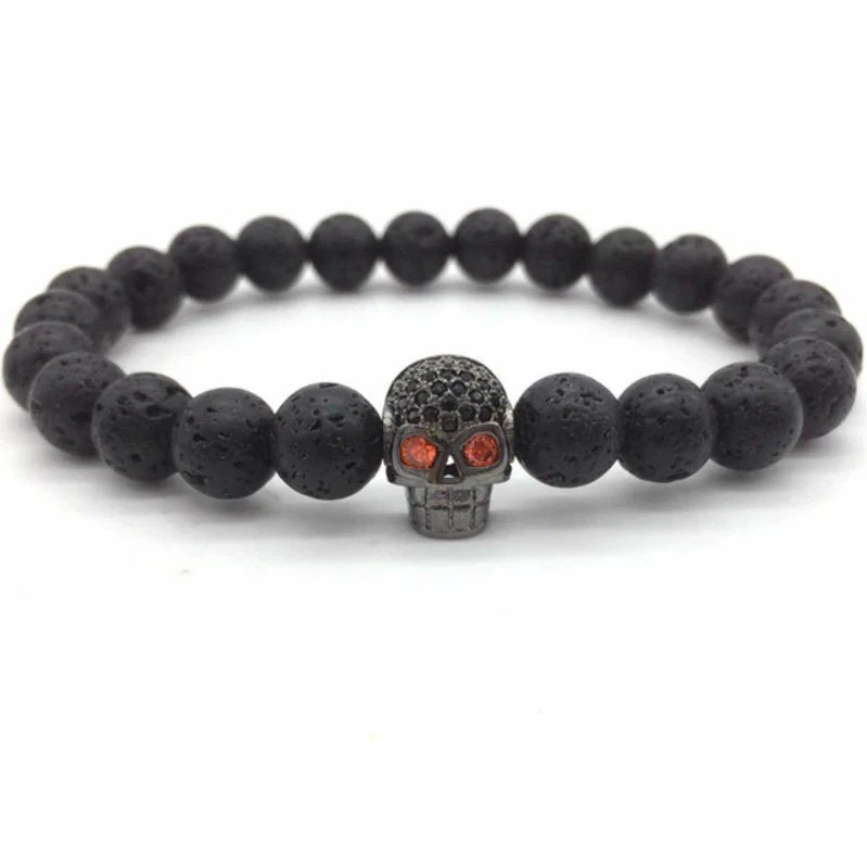 Armband 2er Set Totenkopf Unisex Herren Lava Stein Natur Perlen Flexibel Schwarz - Bild 2 von 3