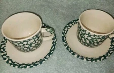Tienshan Folk Craft 12oz Mugs & 2 Saucer Plates. Green Apple.  New Set Of 4.