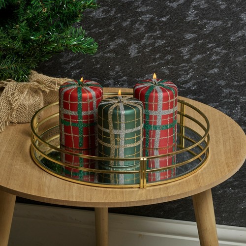3-Pack Tartan Glitter Christmas Candles 40-Hour Red & Green Wax Home Decor - Picture 10 of 12